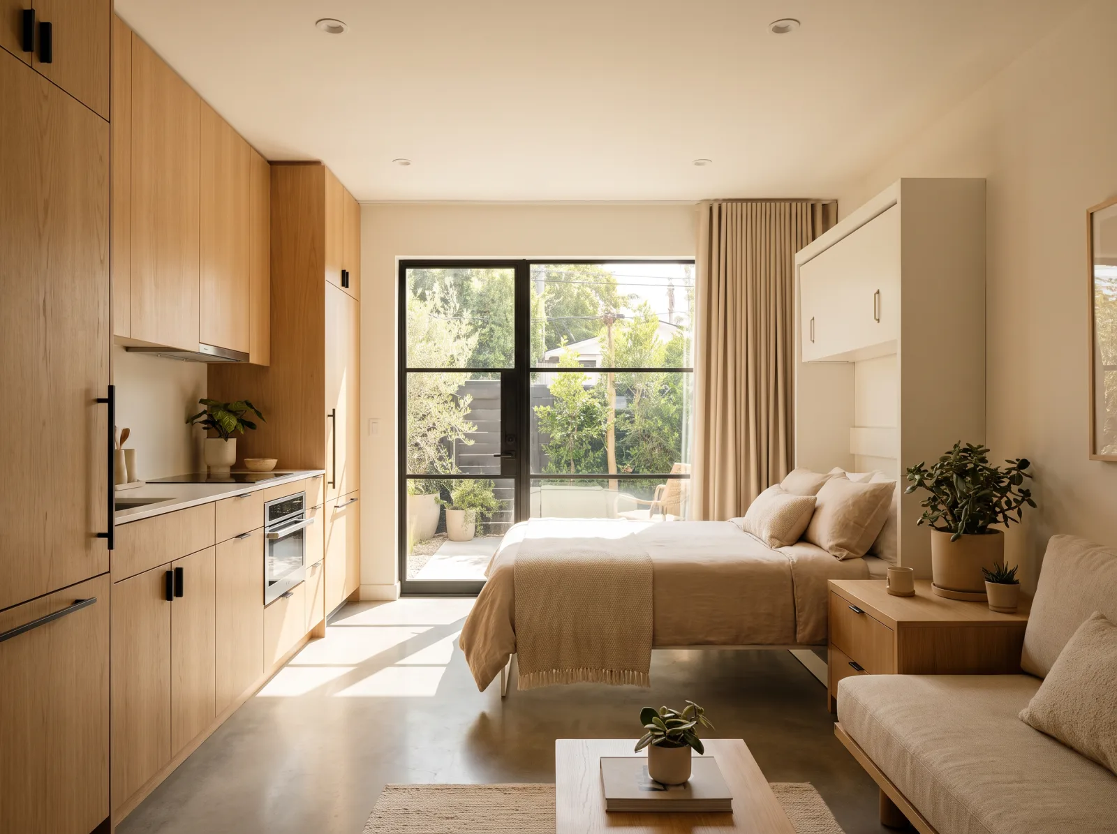 Finished compact ADU studio interior with oak kitchenette cabinetry and polished concrete floor