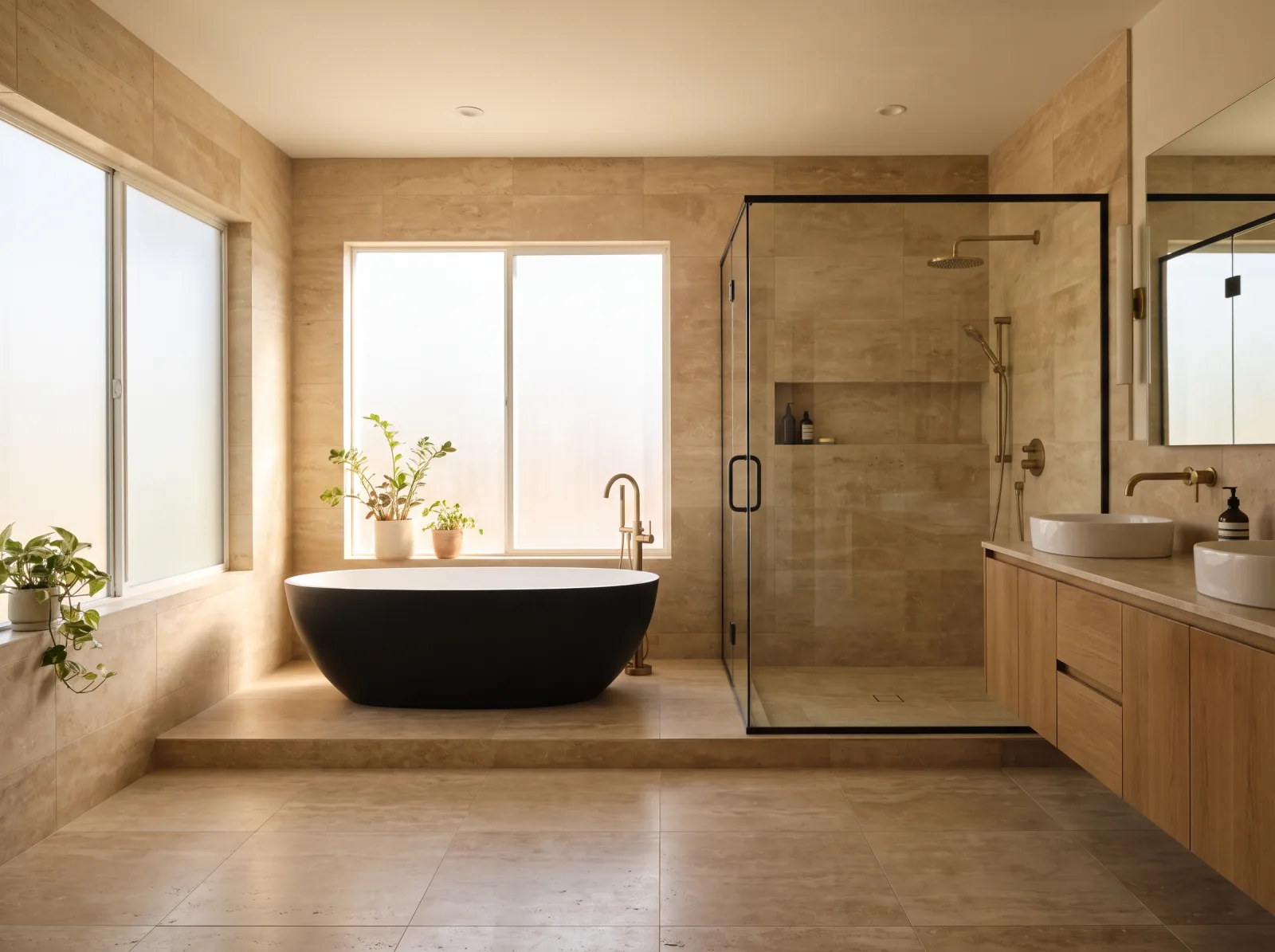 Finished luxury bathroom remodel with freestanding tub, travertine tile, and brushed brass fixtures