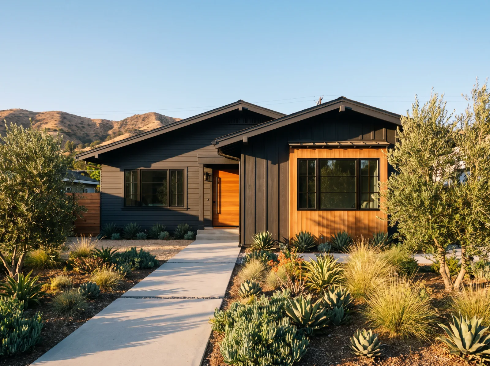 Renovated craftsman-modern home exterior in the San Fernando Valley with charcoal siding and wood accents