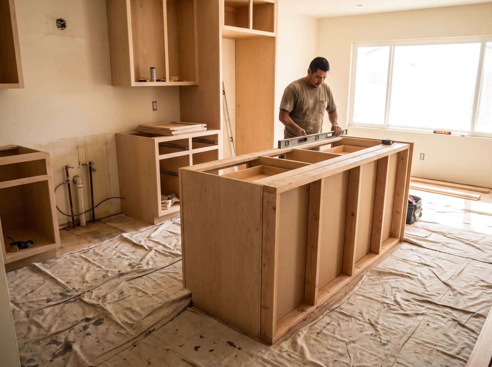 Kitchen renovation in progress with new cabinetry being installed and framed island