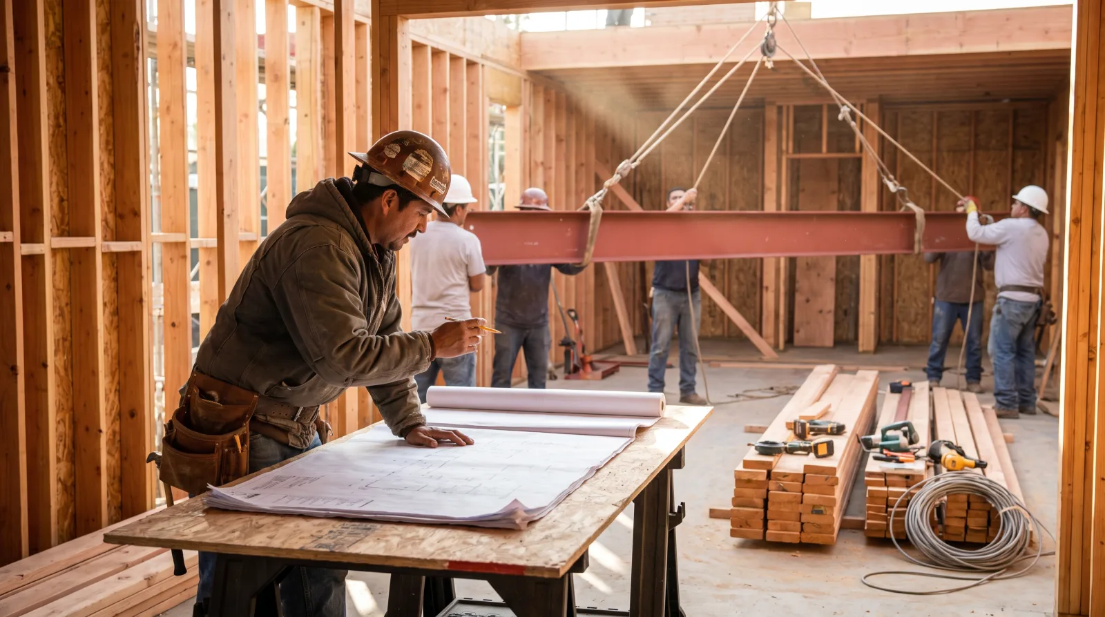 General contractor reviewing blueprints on an active Los Angeles renovation job site with structural steel beam installation