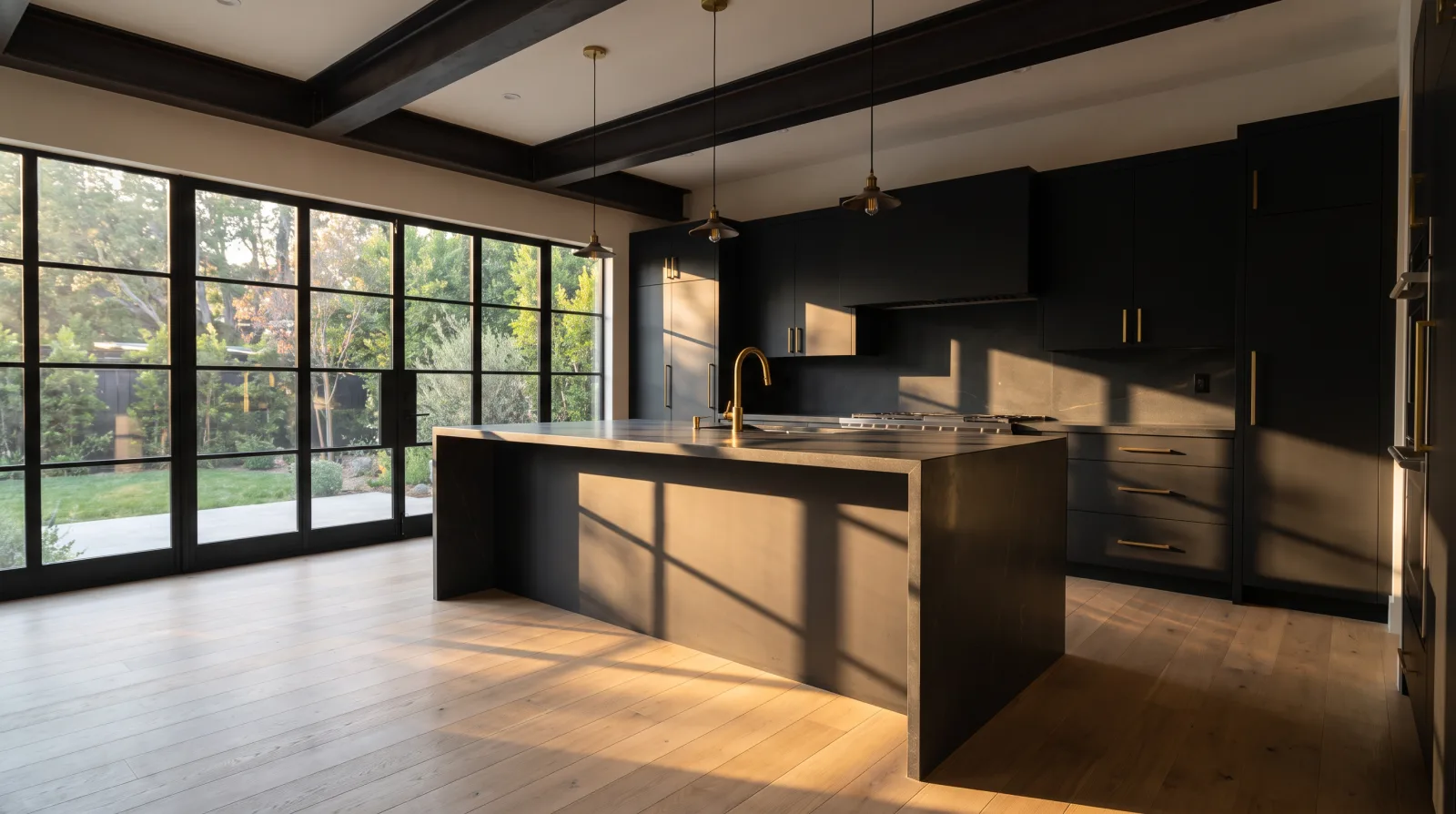 Completed high-end modern kitchen remodel in a Los Angeles home with waterfall island, matte black cabinetry, and brushed brass fixtures